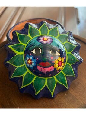 Mexican Folk Art Trinket Box - Small Sun Face Terra Cotta